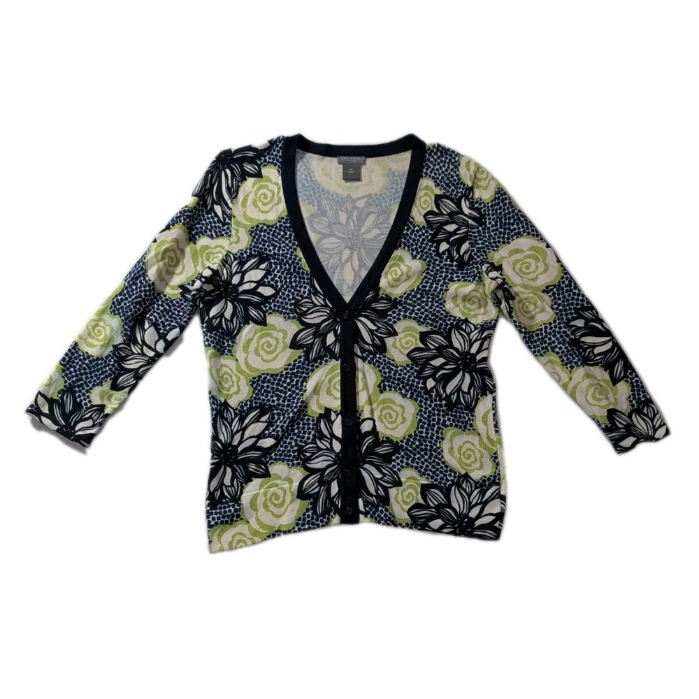 Ann Taylor Petites Floral Cardigan‎ Sweater SP Green Black Cotton